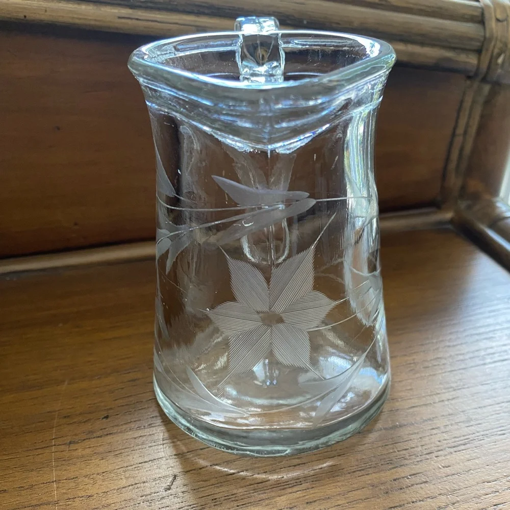 Vintage Etched Glass Creamer Pitcher with Delicate Floral Design and Handle
